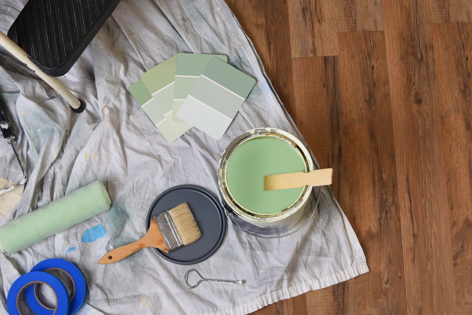 Interior paint supplies staged for a job